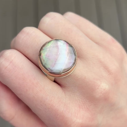 Sterling & 14K Rose Gold Rock Crystal and Mother of Pearl Ring