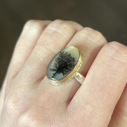 Sterling Lava Edge & 14K Gold Oval Dendritic Agate Ring