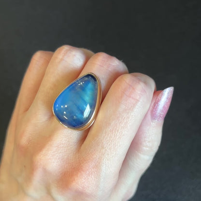 Sterling & 14K Gold Teardrop Blue Rainbow Moonstone Ring