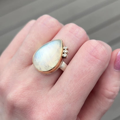 Sterling & 14K Gold White Rainbow Moonstone Ring