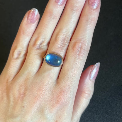 Sterling & 14K Gold Blue Rainbow Moonstone Ring