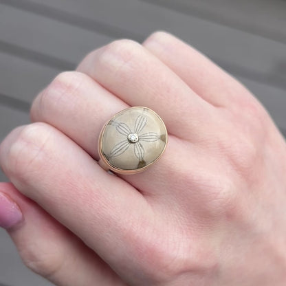 Sterling & 14K Gold Fossilized Sand Dollar & Diamond Ring